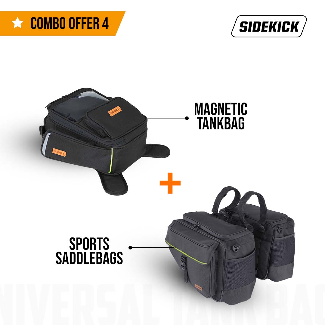 SideKick Combo 4: Magnetic 15Ltrs Tank bag plus 45Ltrs Sports Saddlebags. Both with Outer Rain Covers Included.