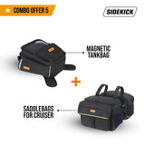 SideKick Combo 5: Magnetic 15Ltrs Tank bag plus 50Ltrs Cruiser Saddlebags. Both with Outer Rain Covers Included.
