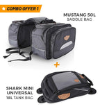 Combo 1: Mustang 50L Saddle bag plus Shark Mini Universal 18L Tank Bag with Waterproof Rain Covers included.