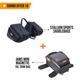 Combo 19: Stallion Sports Saddle Bags plus Jaws Mini Magnetic 18L Tank Bag with Waterproof Rain Covers Included